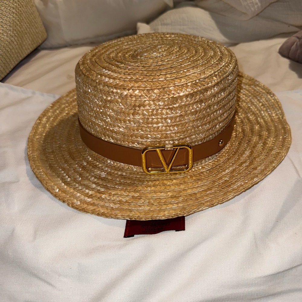 Valentino Beige Straw Hat with Gold Buckle